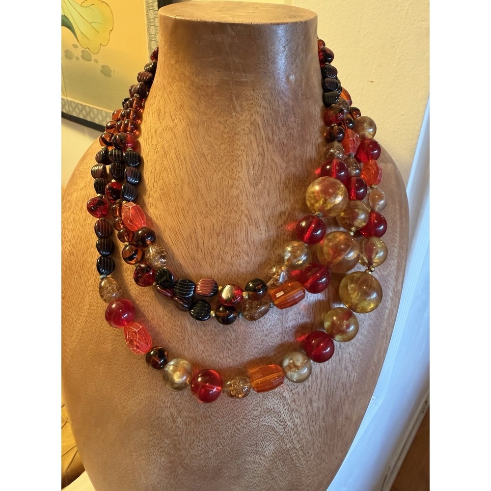 Vintage Mid-Century 3 Multi-Strand Statement Necklace Amber Topaz Red Beaded